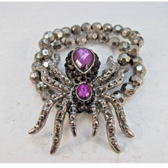 Silver Tone Spider Stretch Bracelet with Purple Accents - Picture 3 of 11